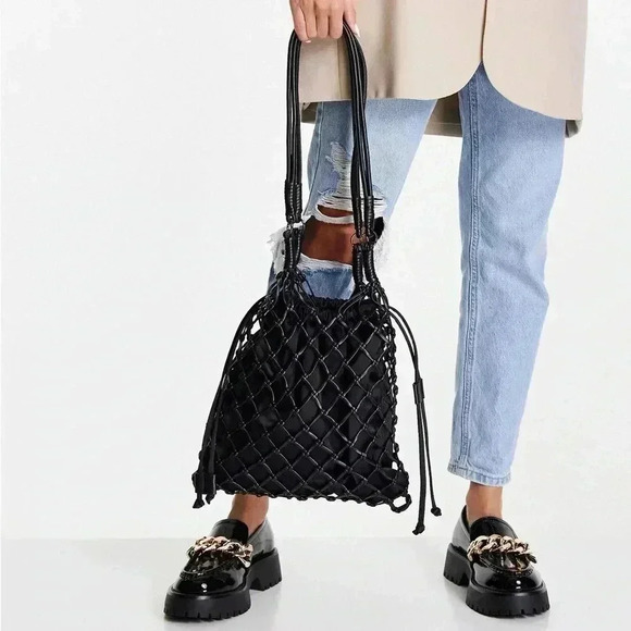 NWOT Top Shop Large Satin PU String Shoulder Tote Bag In Black - Picture 1 of 13